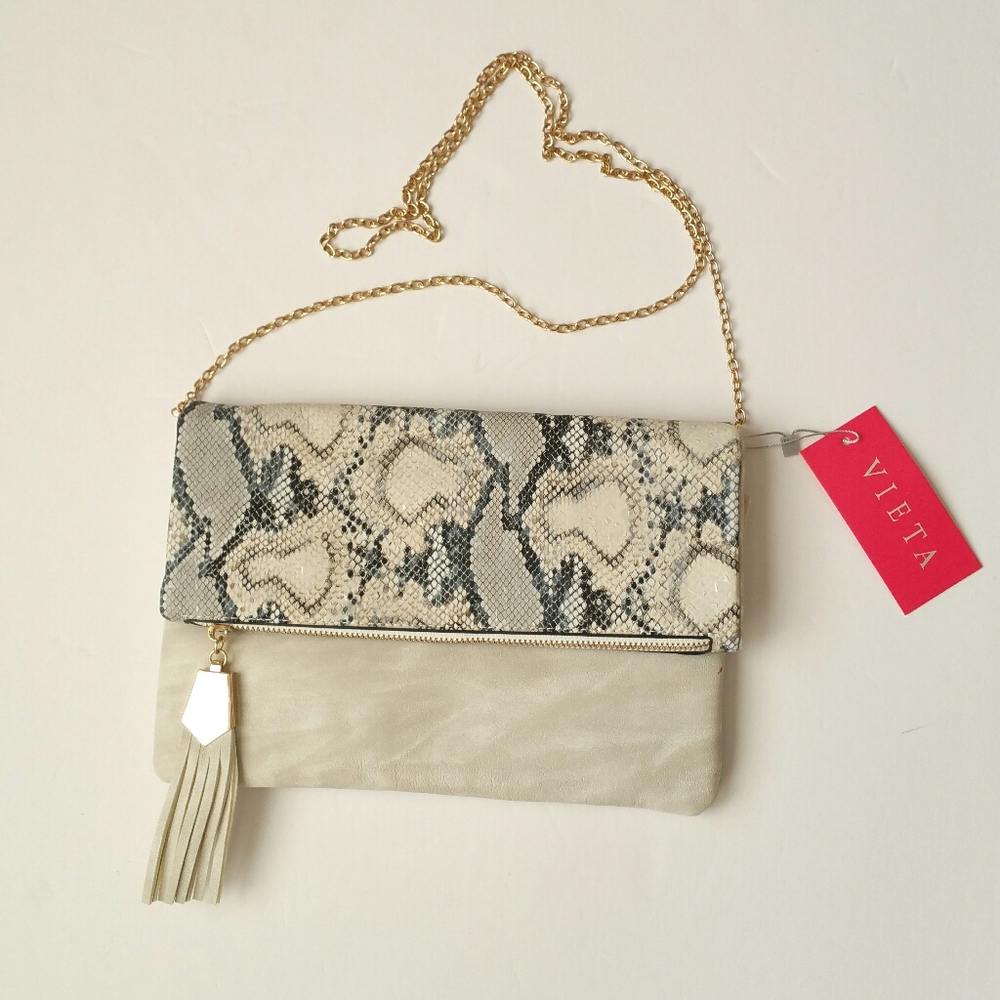 Vieta Ivory Faux Snake Skin Clutch Handbag